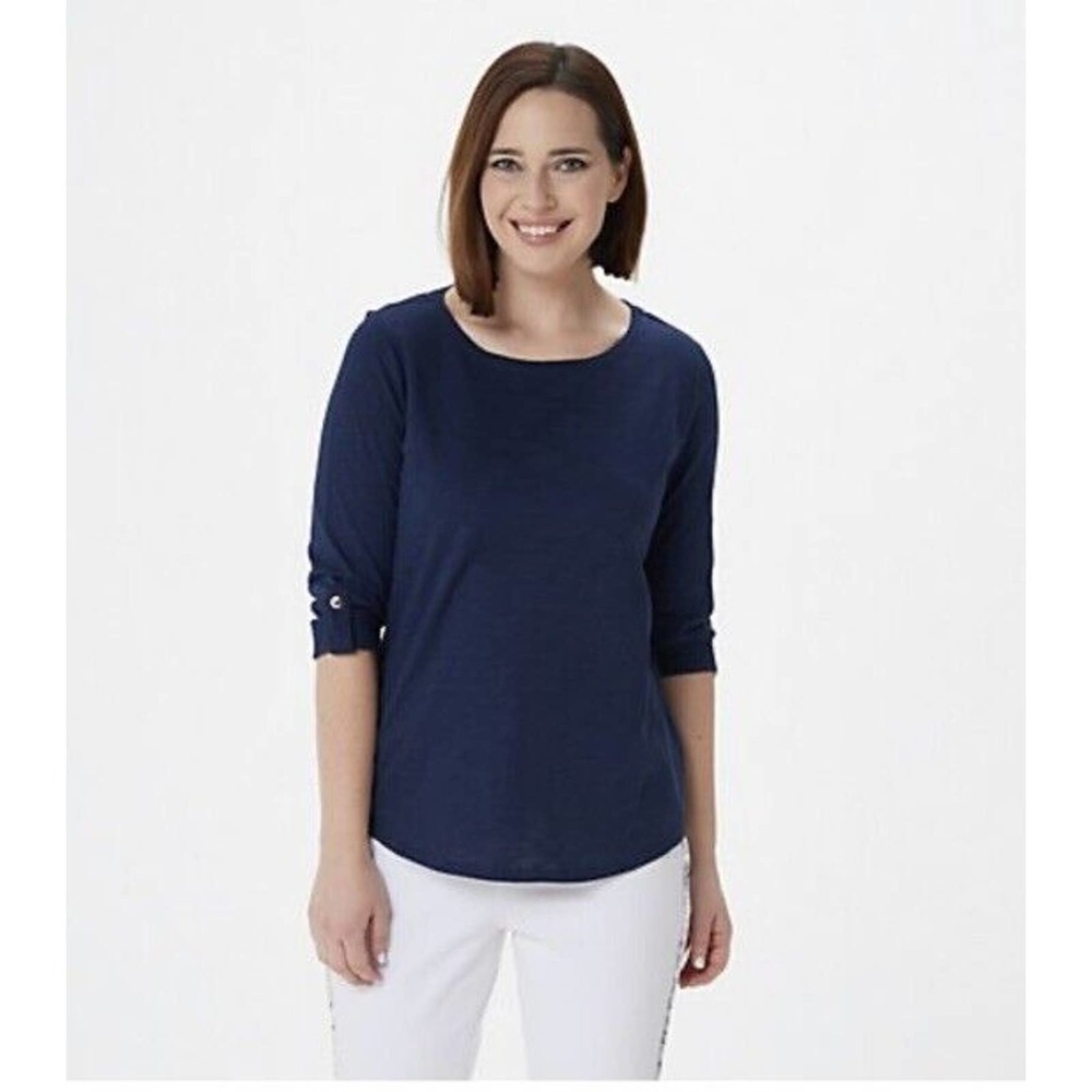 Belle by Kim Gravel Slub Knit Utility Sleeve Top Women's Sz XXS Blue Roll Tab‌‌